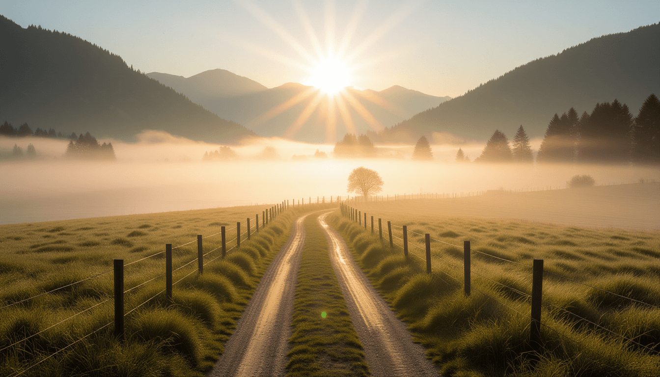 Dawn breaks over a misty valley, casting volumetric god rays through the fog to illuminate a winding