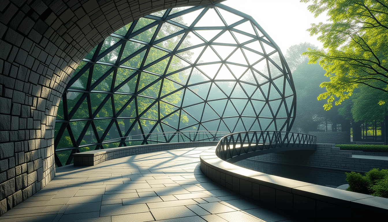 Sunlight pierces a geometric glass pavilion, highlighting the stark contrast between an arched stone