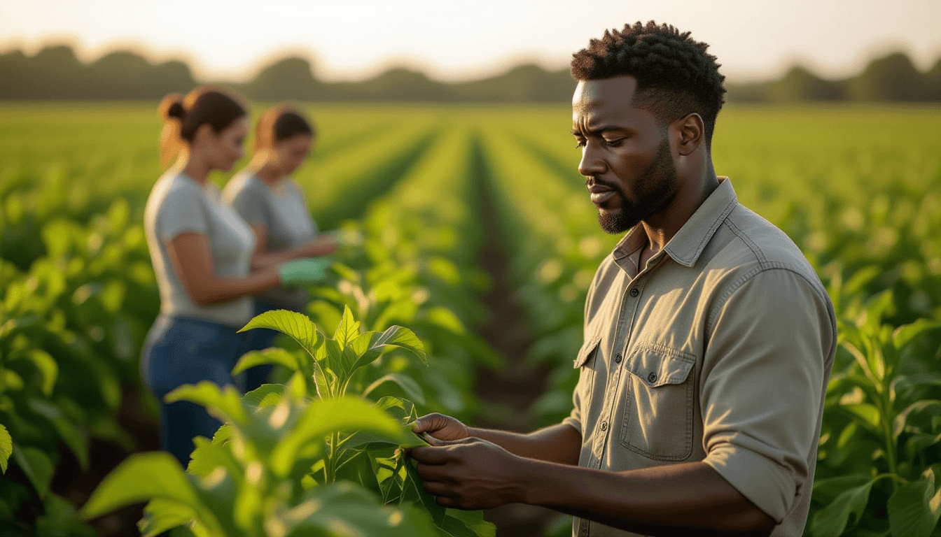 A Black man in his thirties stands in a field, shoulders slightly hunched, eyes narrowed as he inspe