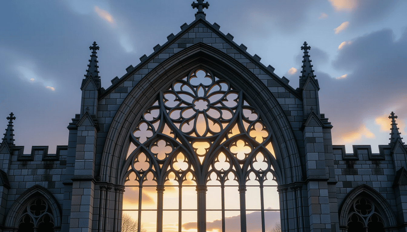 Sunset light filters through the intricate stone tracery of a Gothic cathedral arch, revealing the e