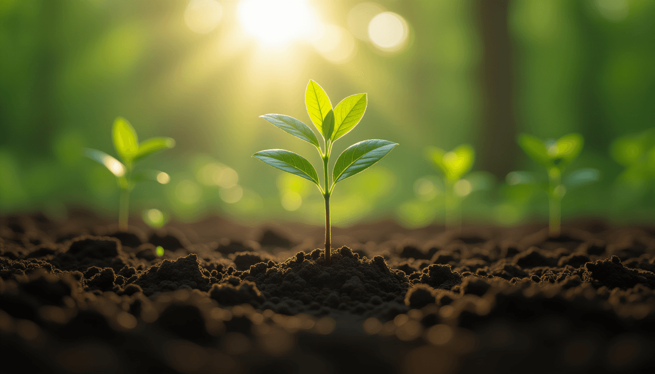 Sunlight filters through a dense canopy, illuminating a young sapling pushing through rich, dark soi