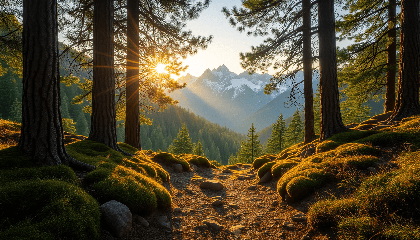 Sunlight filters through a dense pine forest at golden hour, illuminating dust motes dancing above a