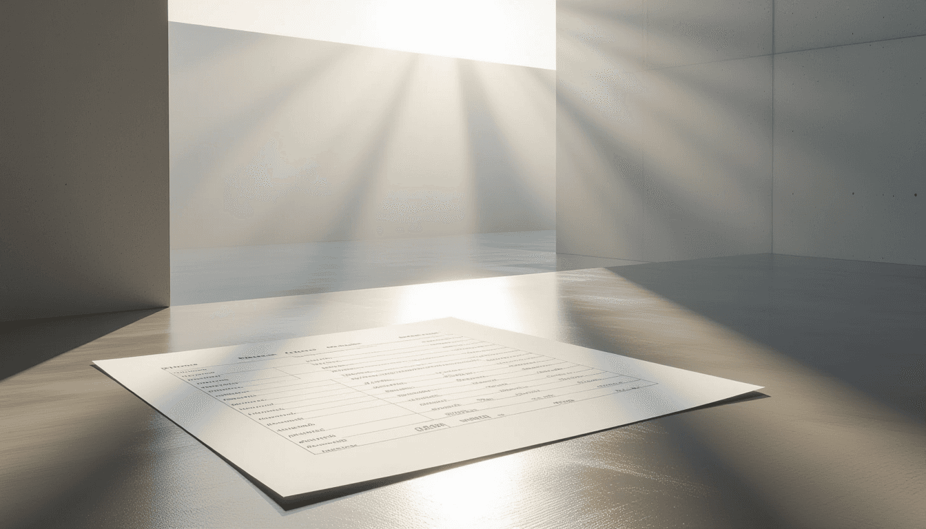 Sunlight pierces through heavy morning fog in a minimalist concrete studio, casting sharp, volumetri