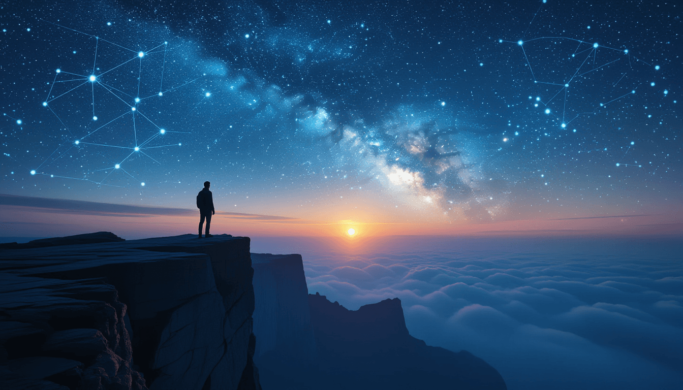 A lone developer stands on a jagged cliff edge at twilight, silhouetted against a vast sky where dig