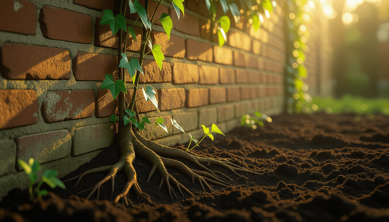 Golden hour light filters through dense ivy climbing a weathered brick wall, highlighting new green