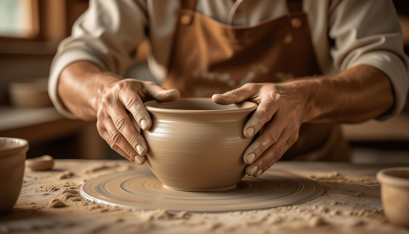 Golden hour light washes over a potter’s calloused hands carefully smoothing the rim of a wet, spinn