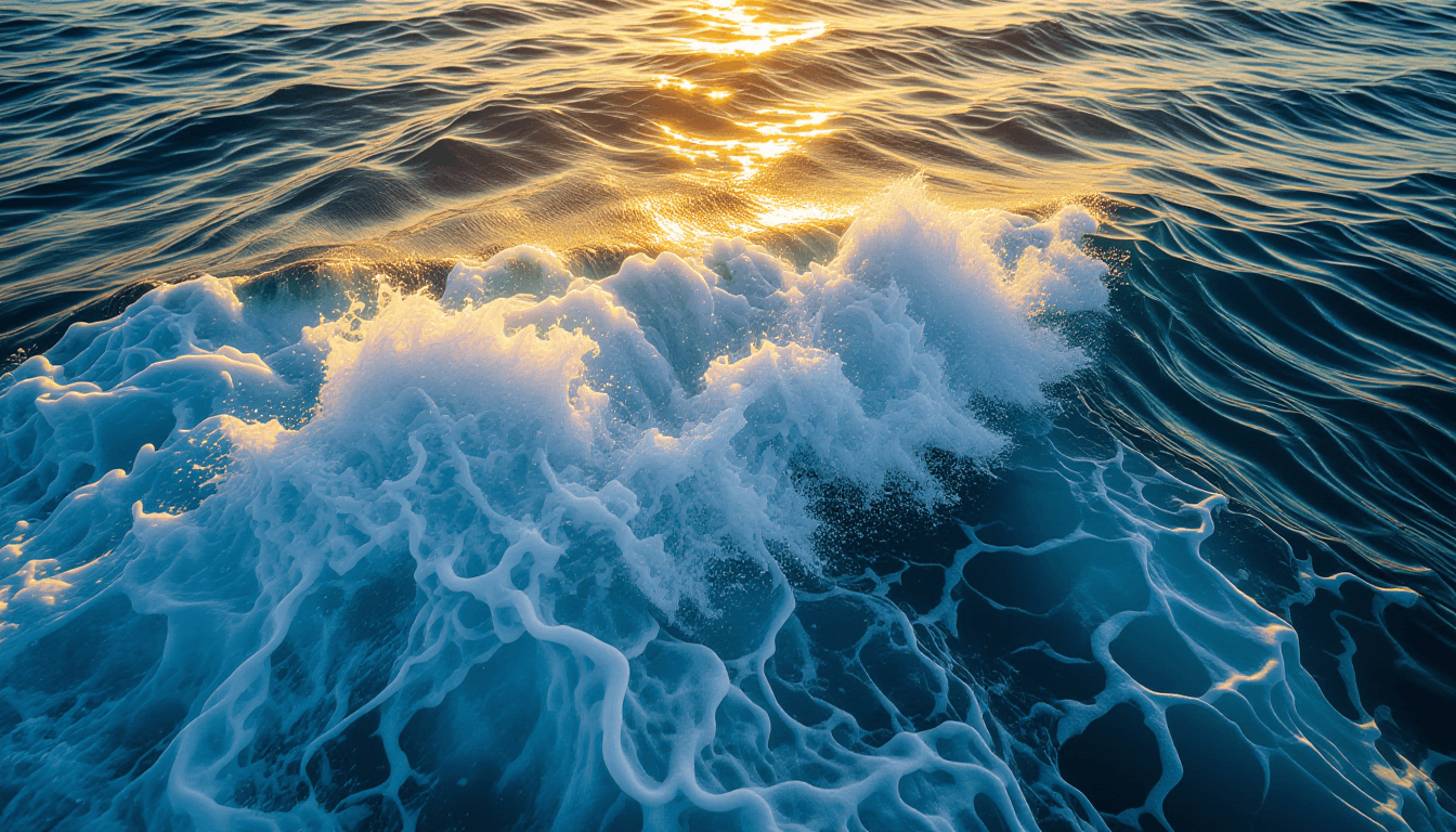 Golden hour light glints off the churning whitecaps of a turbulent ocean current, captured from abov