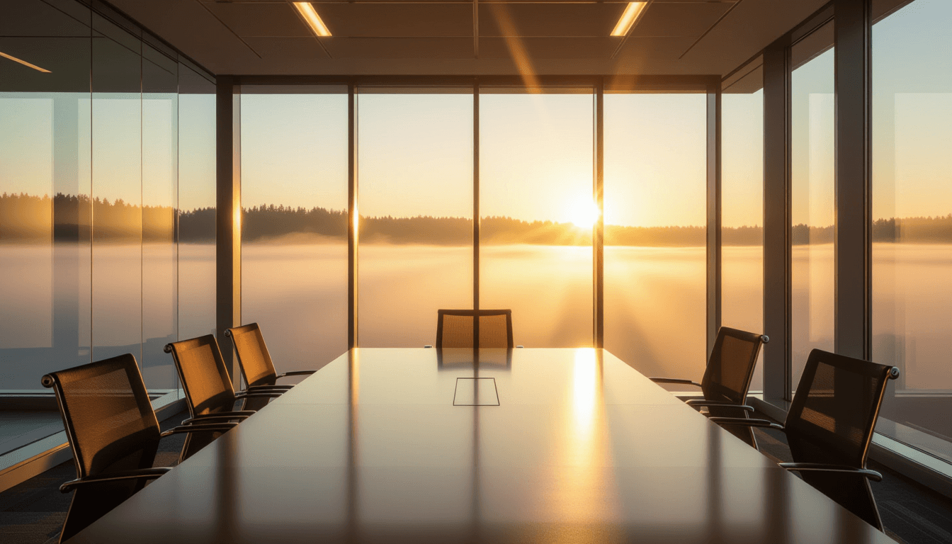Golden hour sunlight pierces through morning fog, illuminating a sleek glass boardroom where warm, r