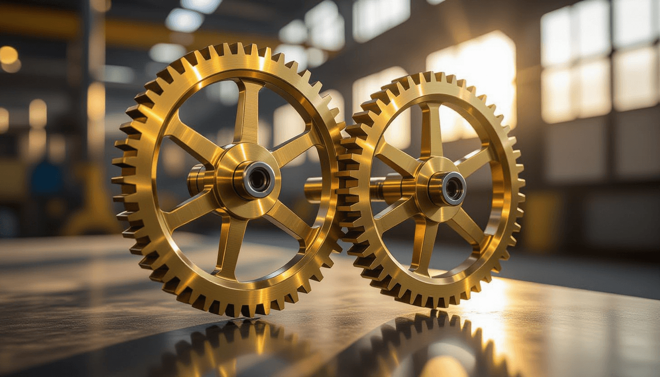 Sunlight glints off interlocking brass gears in a kinetic sculpture, capturing the fluid motion of m