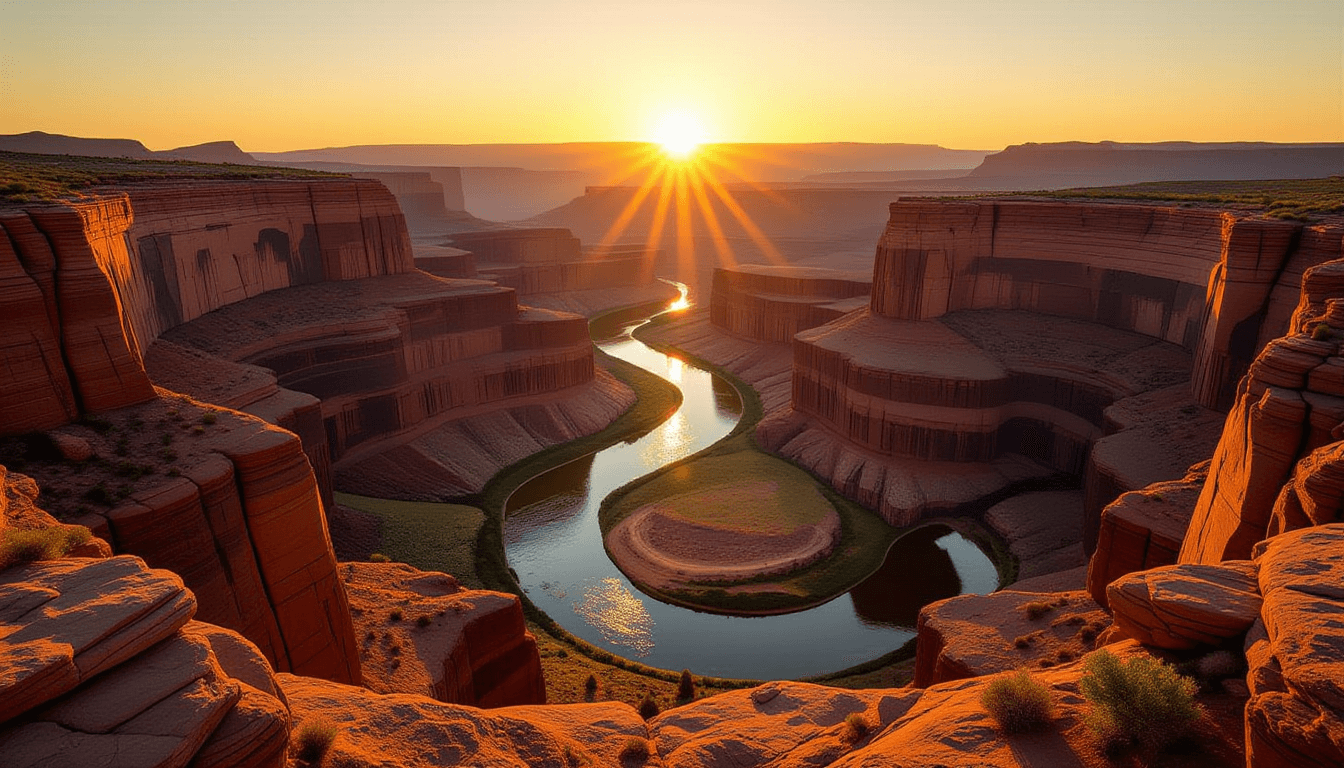 Sunset glints off a winding river carving through a rugged canyon, its single steady current merging