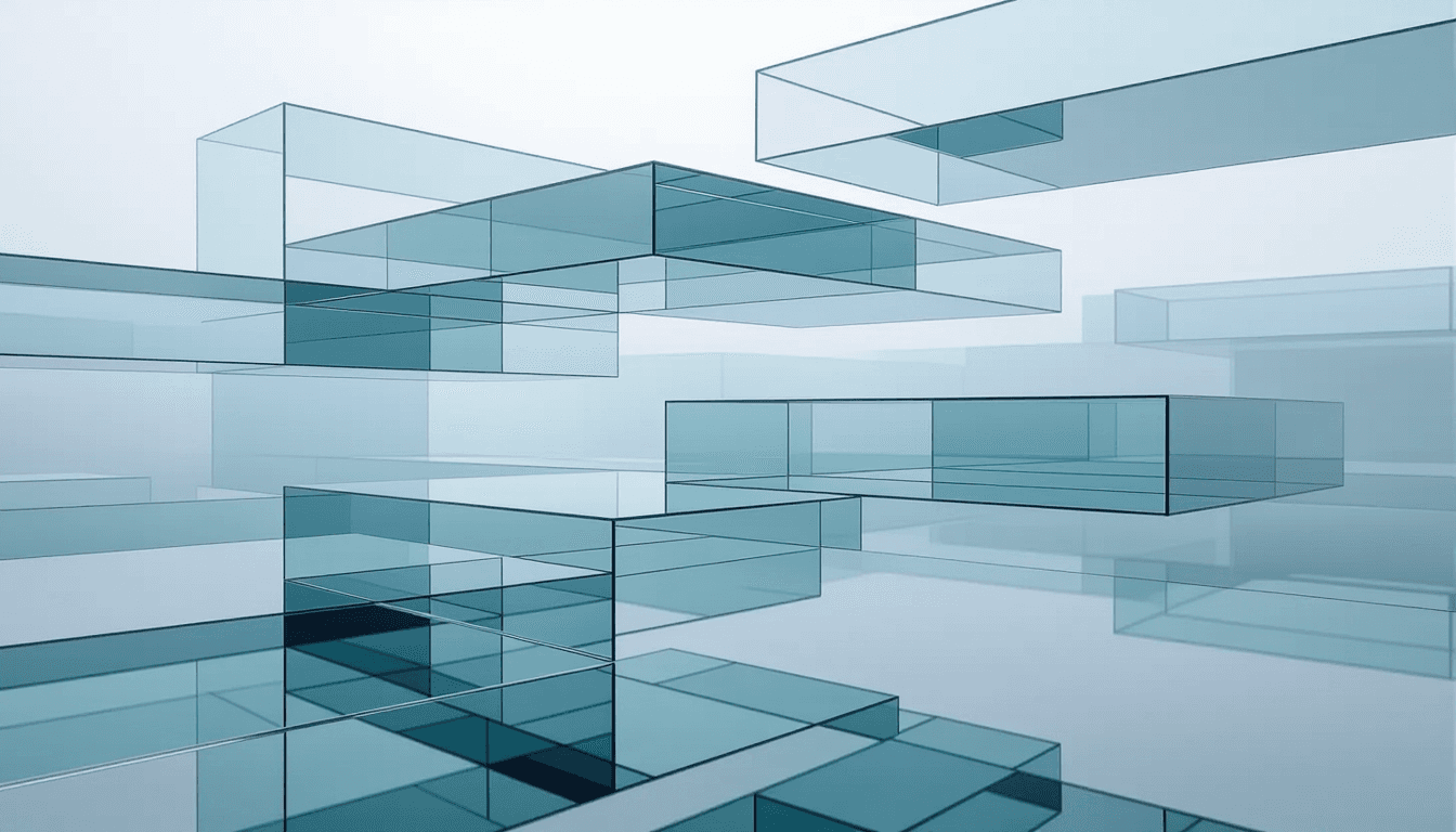 Stacked translucent glass planes float in an overcast void, their edges catching diffused light. The