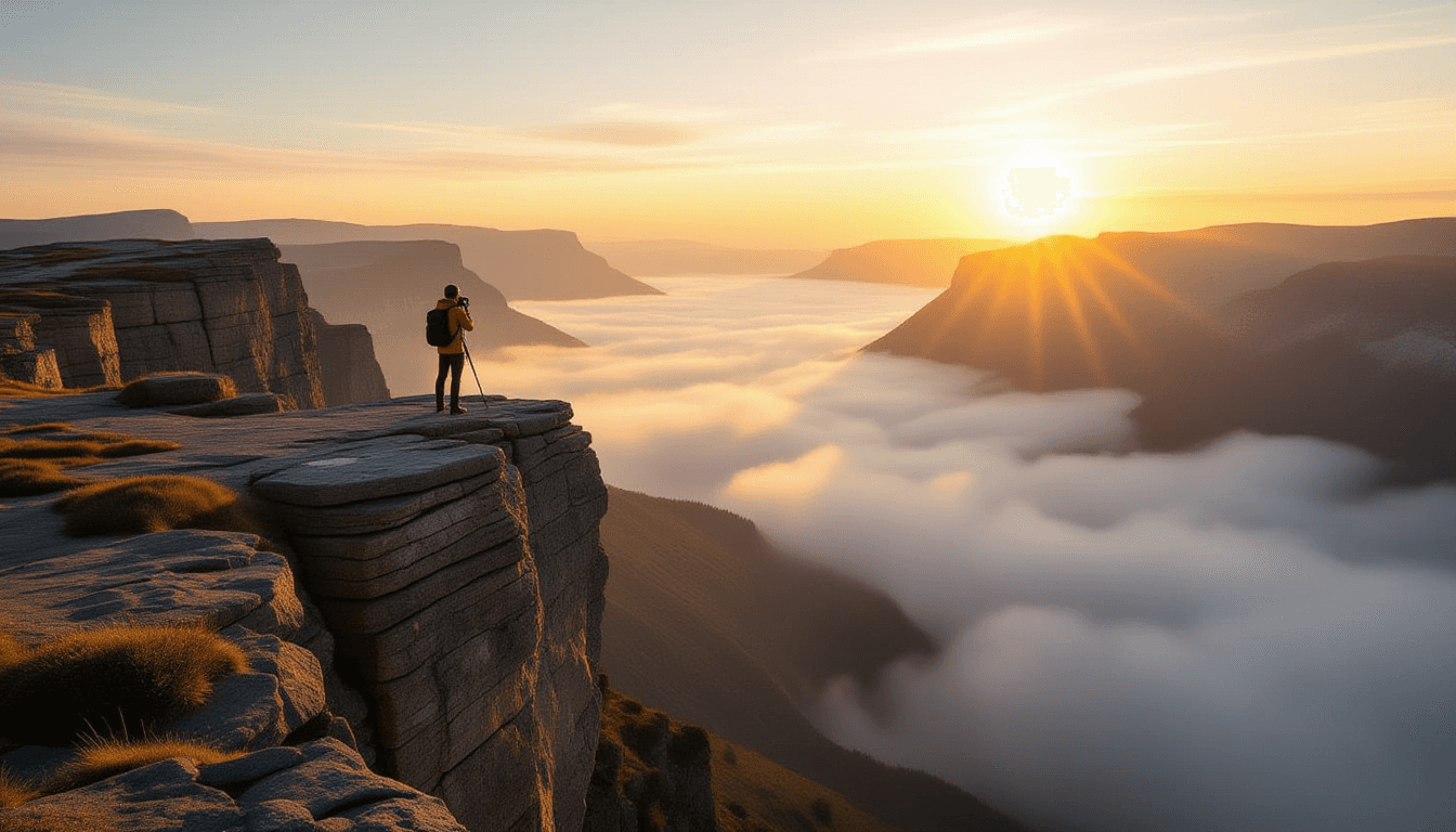 A lone photographer stands on a jagged cliff edge, bathed in the warm, low-angle light of golden hou