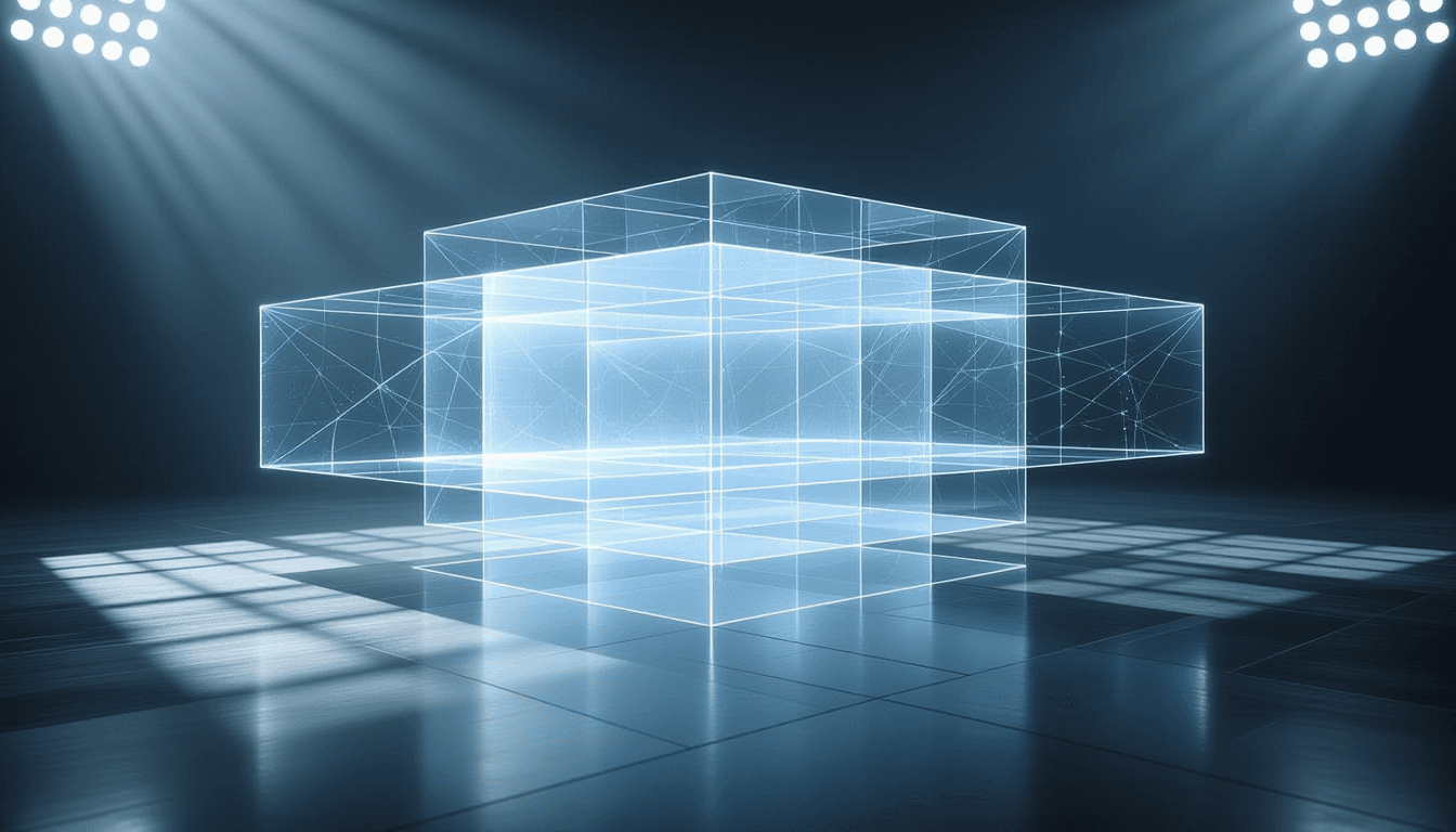 Layered translucent planes float above a dark studio floor, their sharp edges catching the cool glow