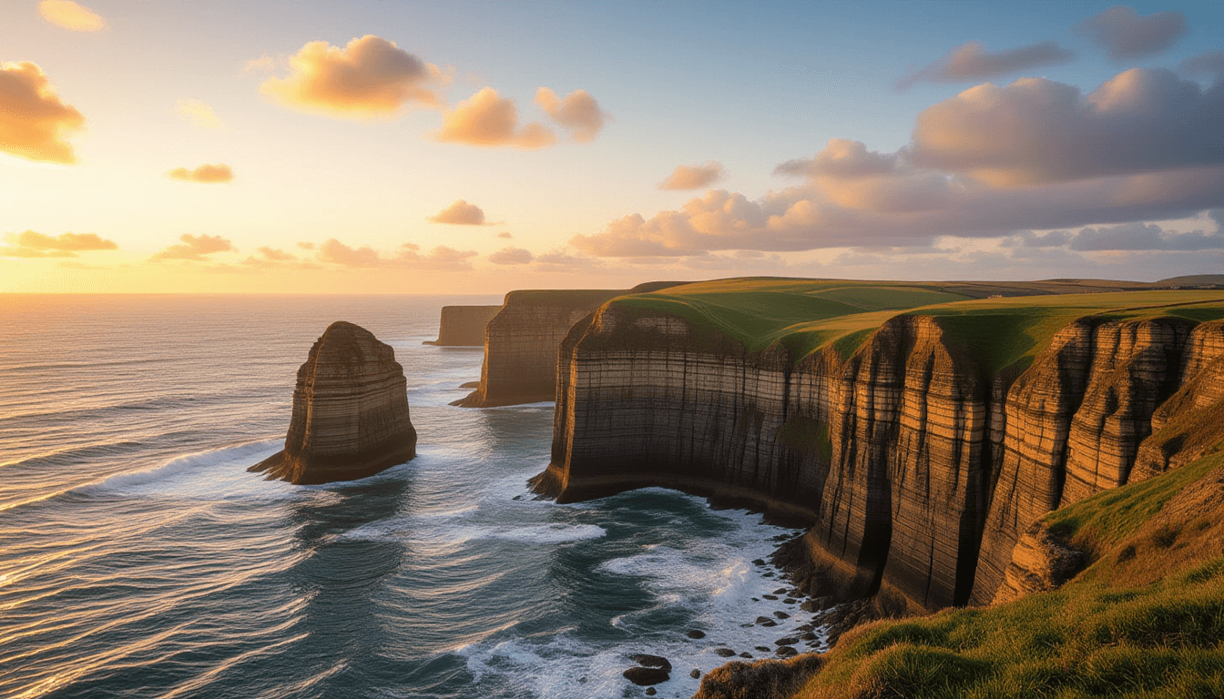 A rugged coastal cliffside at golden hour, where three distinct rock formations rise from the churni