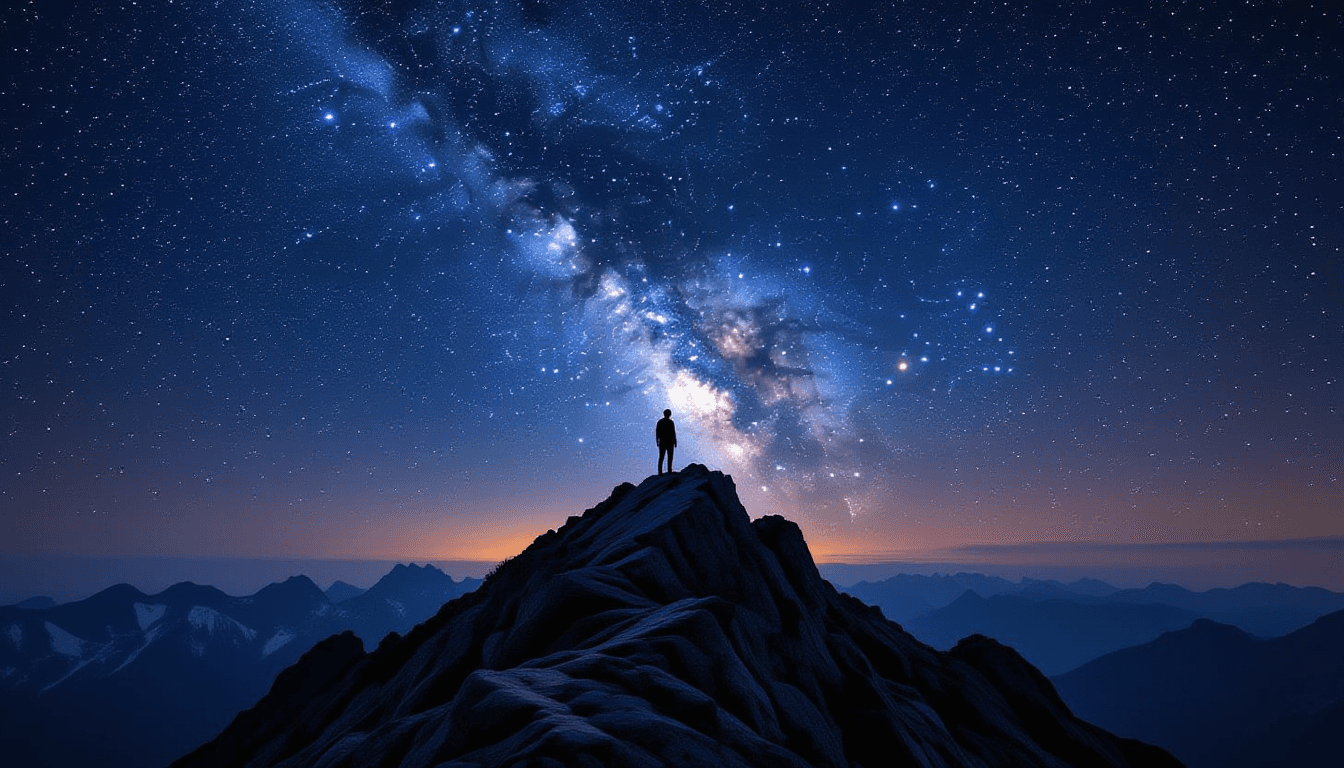A tiny silhouette stands on a jagged mountain ridge, dwarfed by a star-strewn twilight sky, where th