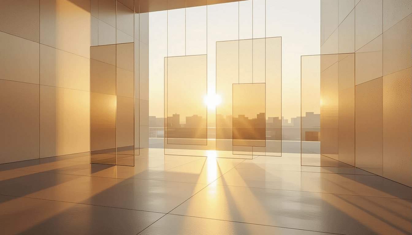 Golden hour light slices through translucent acrylic layers suspended in mid-air, casting sharp geom