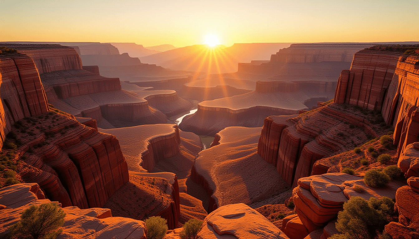 Sunset light spills over a vast, winding canyon valley, illuminating the rugged, layered rock format