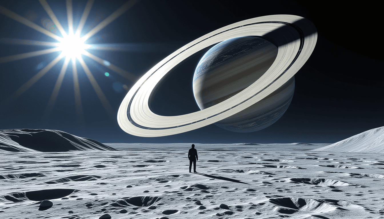 A lone figure stands on a barren, cratered lunar ridge beneath a towering, translucent planetary rin