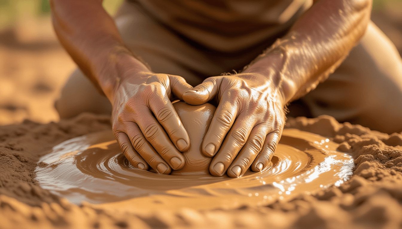 Golden hour light glows on calloused hands kneading rich, dark clay, emphasizing the tactile resista