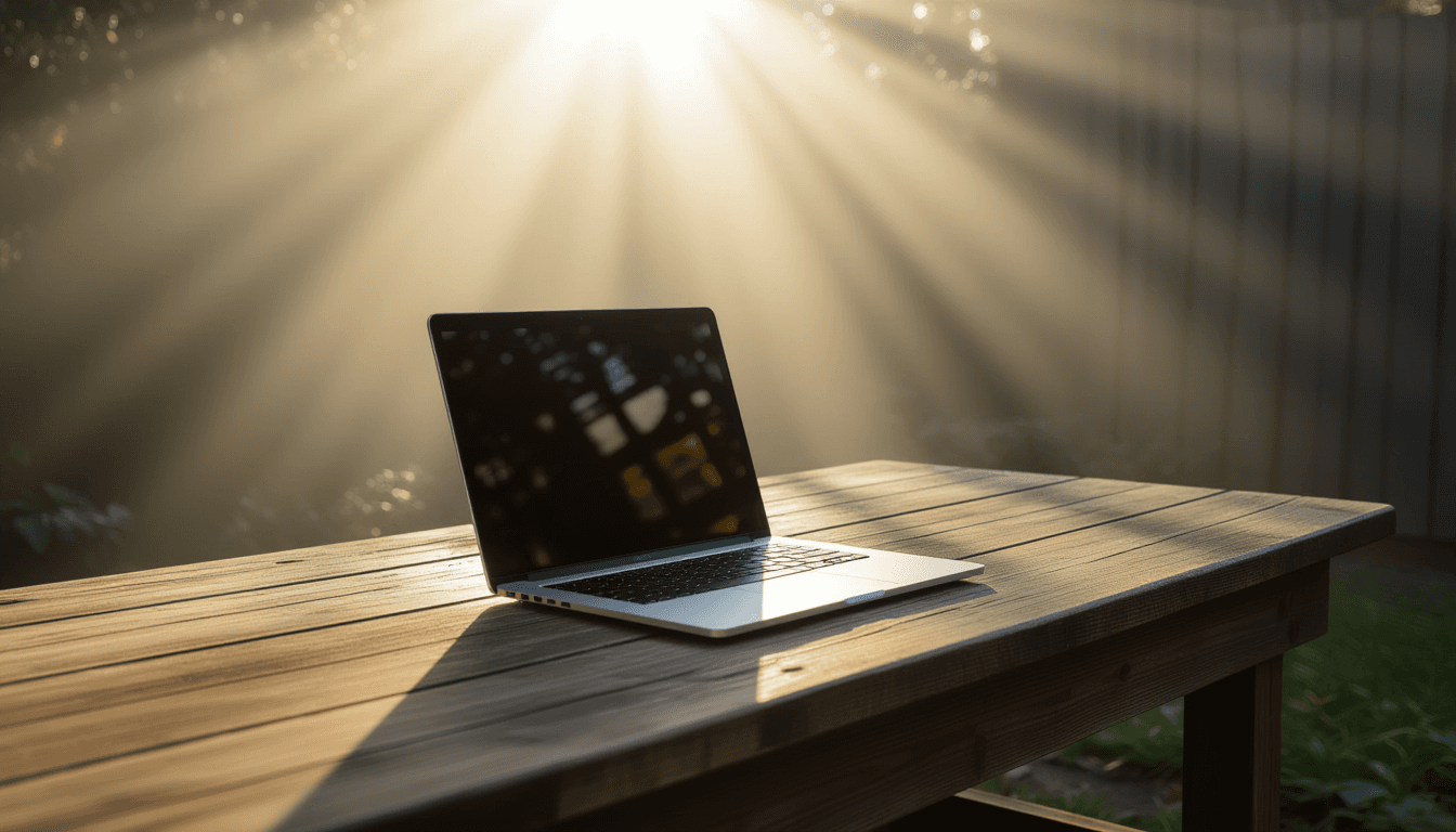 Sunlight pierces through morning fog, casting distinct beams across a weathered wooden workbench whe