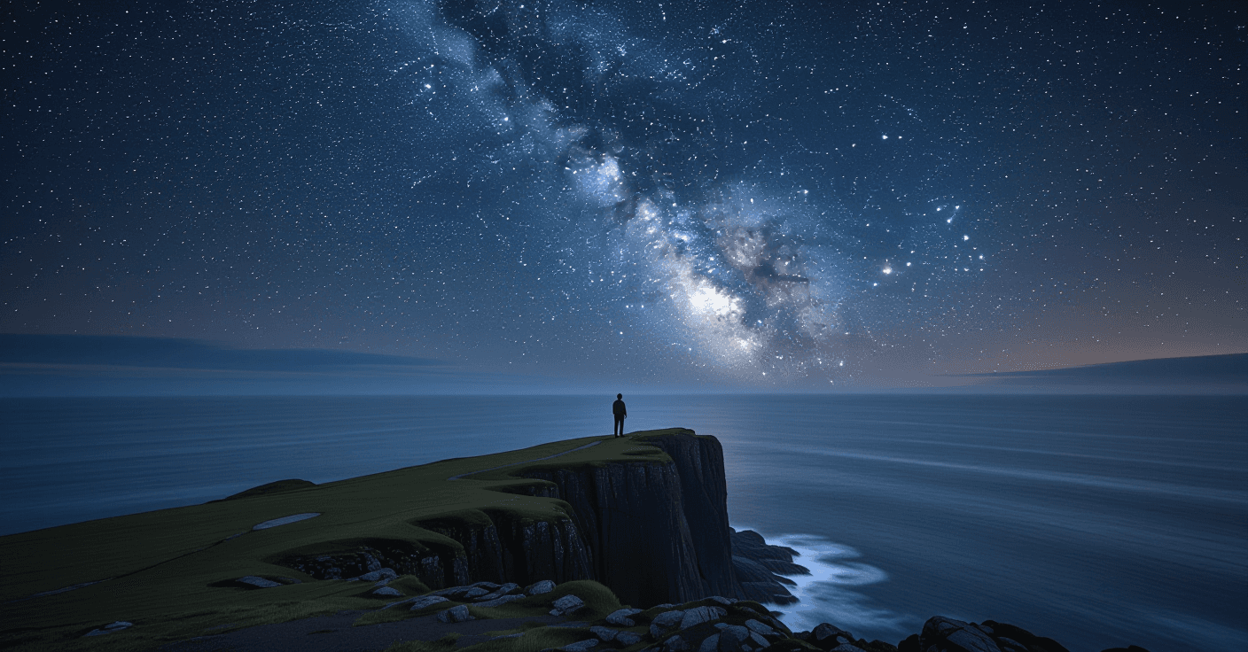 A solitary figure stands on a windswept basalt cliff at twilight, silhouetted against a vast, star-s