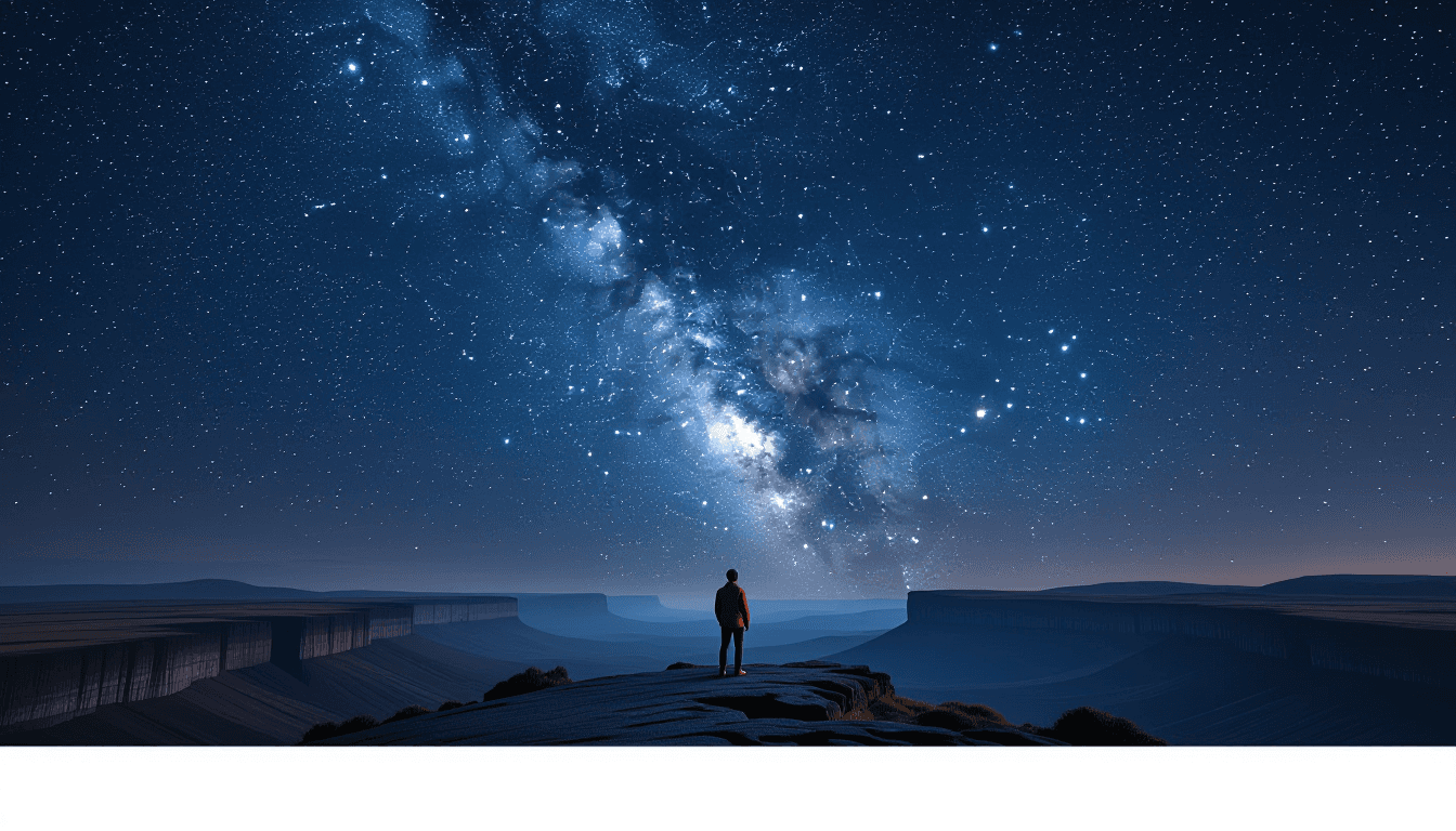 A lone figure stands on a windswept basalt ridge at twilight, gazing up at a dense, star-filled sky