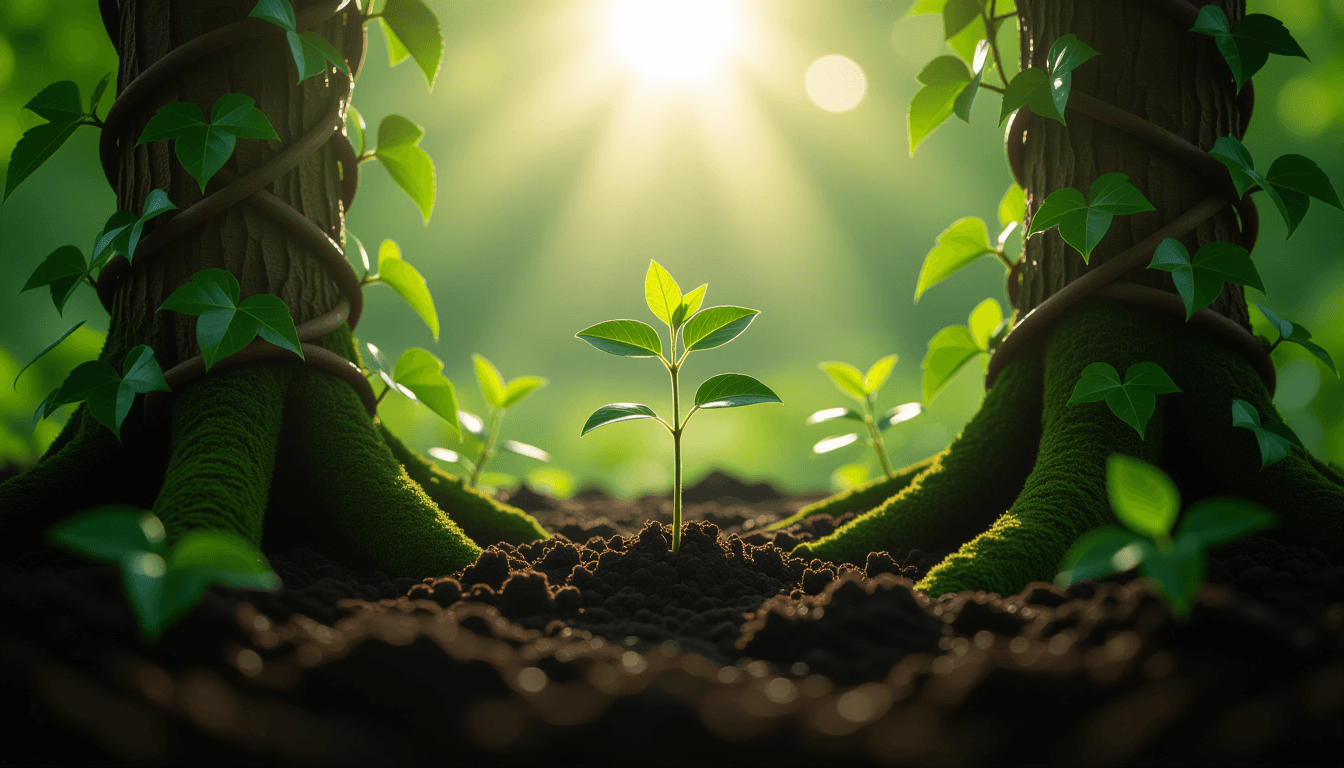 Sunlight filters through a dense, tangled canopy of ivy vines, highlighting a single, resilient sapl