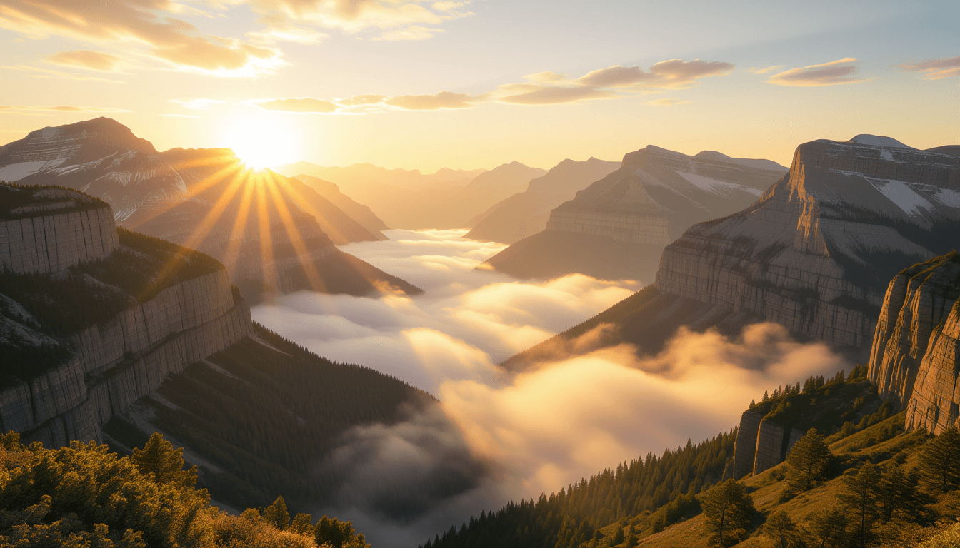 Golden hour light bathes a rugged mountain valley, where mist rolls through the canyon floor, illumi