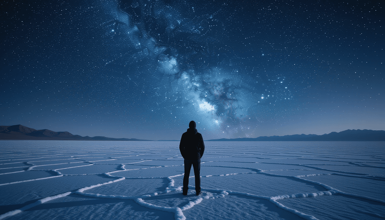 A lone photographer stands on a desolate salt flat at twilight, silhouetted against an immense, star