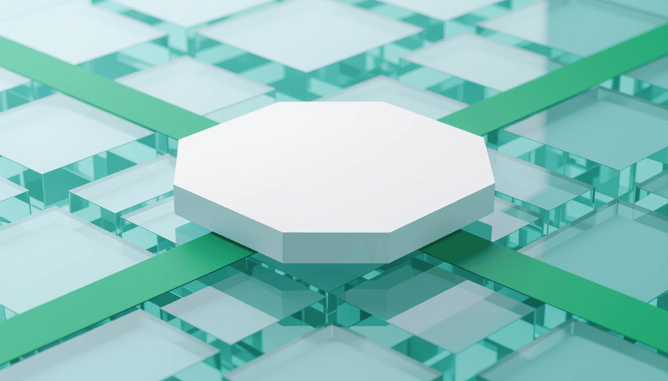 A central hexagonal platform floats above fragmented translucent layers, sliced by a sharp emerald r