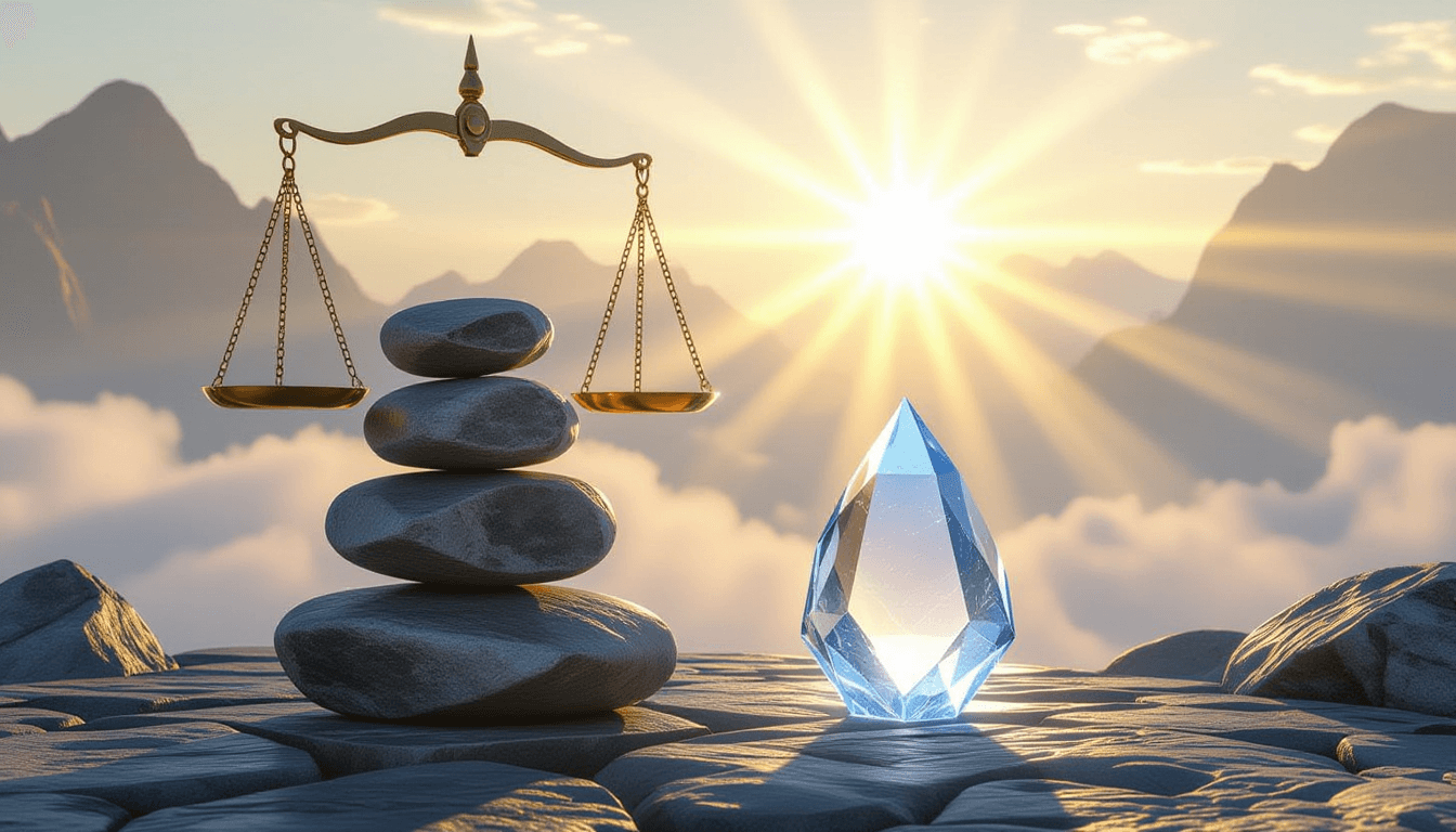 A golden scale balances a stack of heavy stone blocks labeled implicitly by weight against a sleek