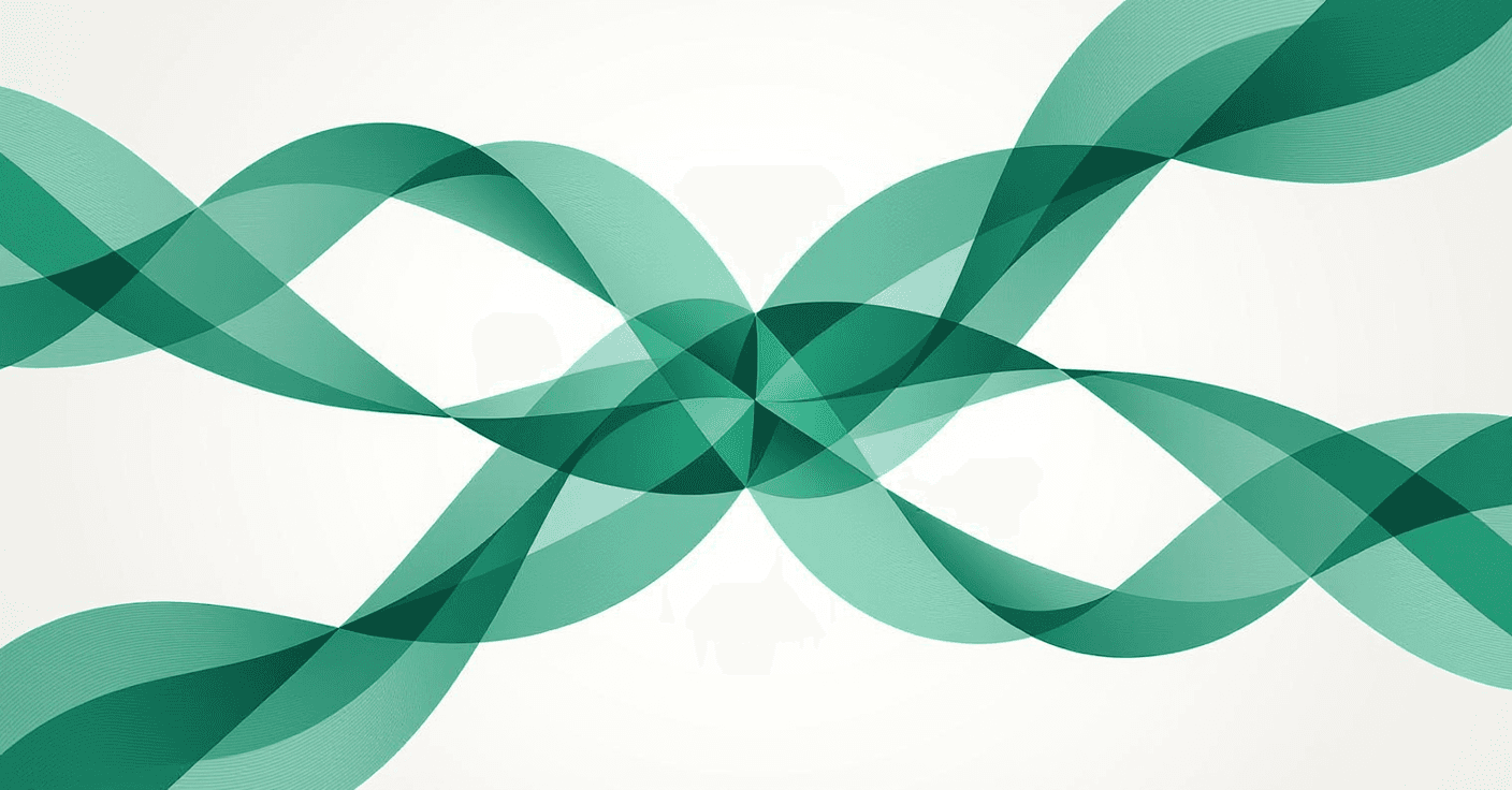 Interlocking translucent geometric planes float in deep space, connected by flowing emerald ribbons