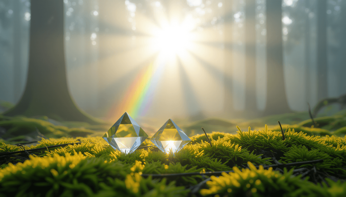 A single, sharp sunbeam pierces thick morning fog, illuminating a fragile glass prism on a mossy for