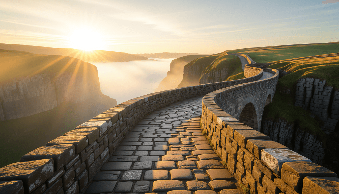 Golden hour light catches a weathered stone bridge spanning a deep, misty chasm, its rugged path lea