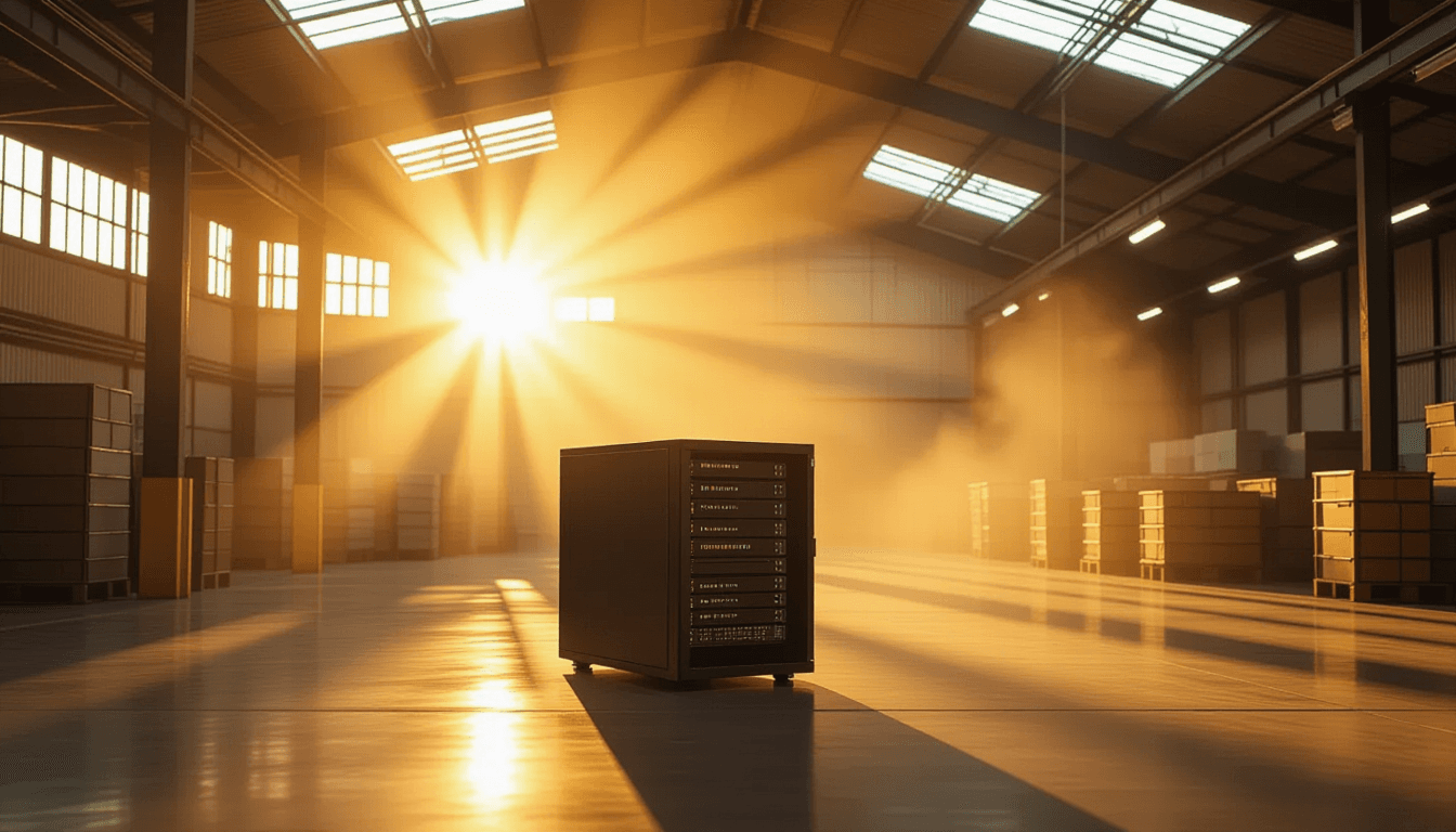 Sunlight pierces morning fog through warehouse skylights, illuminating dust motes dancing above a sl