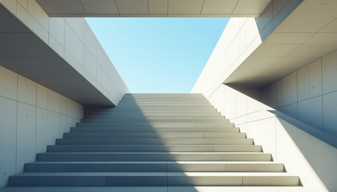 Sunlight floods a brutalist concrete staircase, casting sharp geometric shadows that guide the eye u