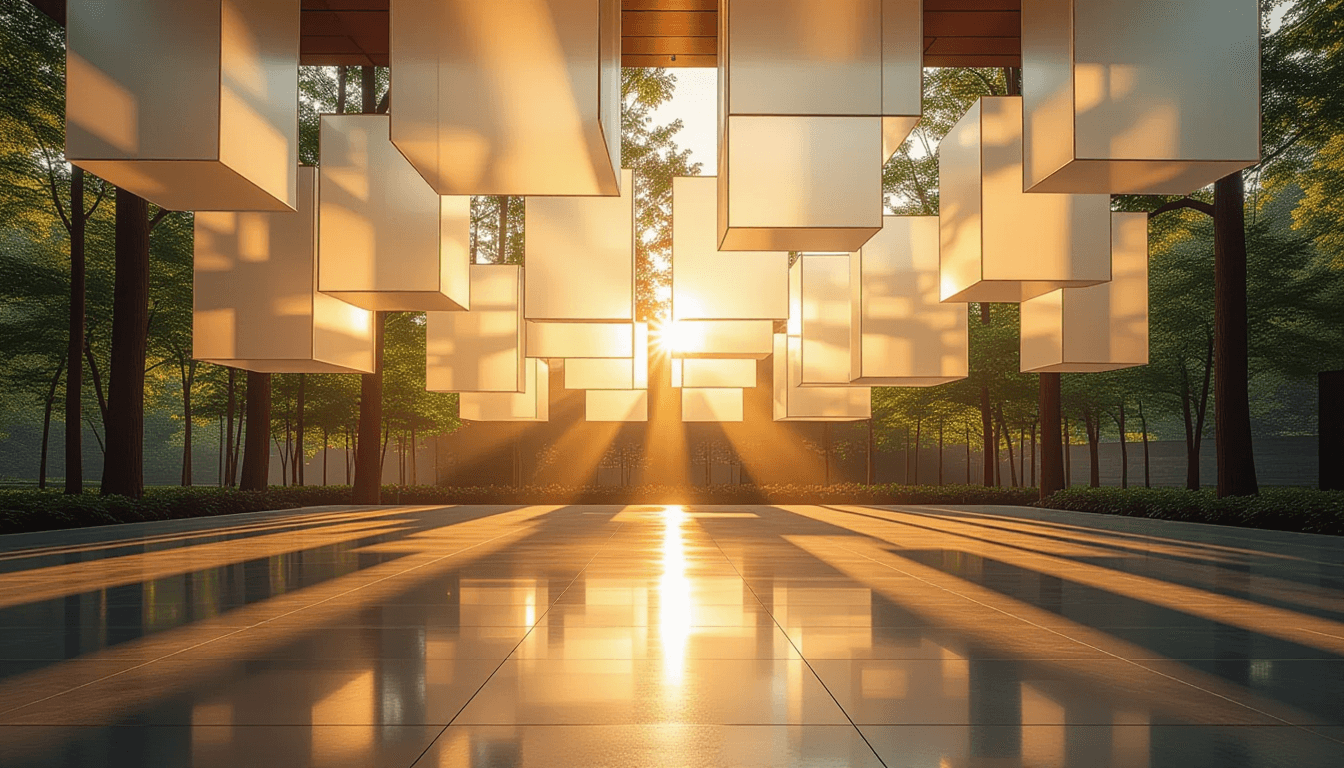 Golden hour light pierces a forest of translucent geometric planes, casting sharp, layered shadows a