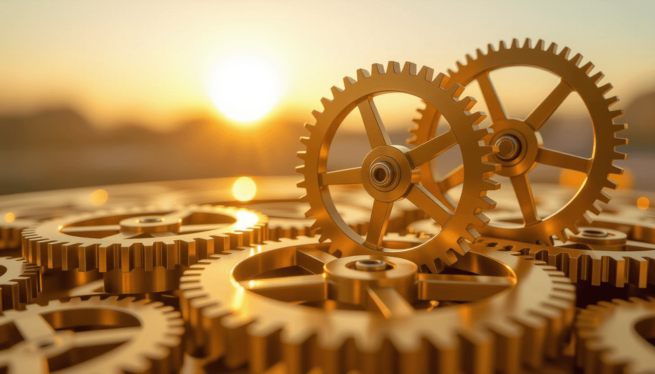 Golden hour light glints off interlocking brass gears in a kinetic sculpture, capturing the precise