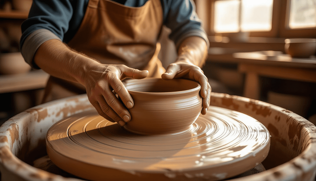 Golden hour light glints off wet, rough clay on a potter’s wheel as calloused hands steadily center