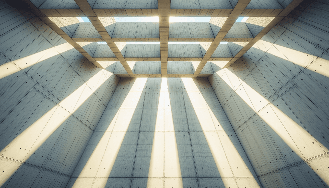 Sunlight filters through the steel ribs of a brutalist concrete ventilation tower, casting sharp geo