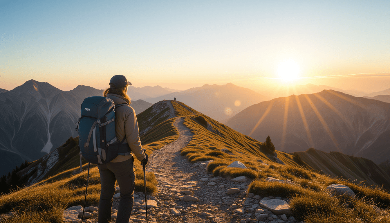 A weathered hiker pauses on a high mountain pass, the winding trail disappearing into the distance u