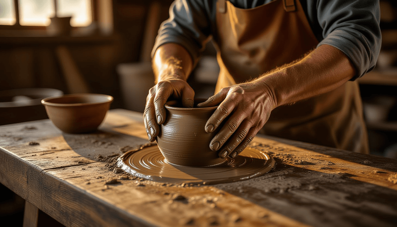 Golden hour light catches calloused hands pressing into damp river clay, shaping a rough vessel on a