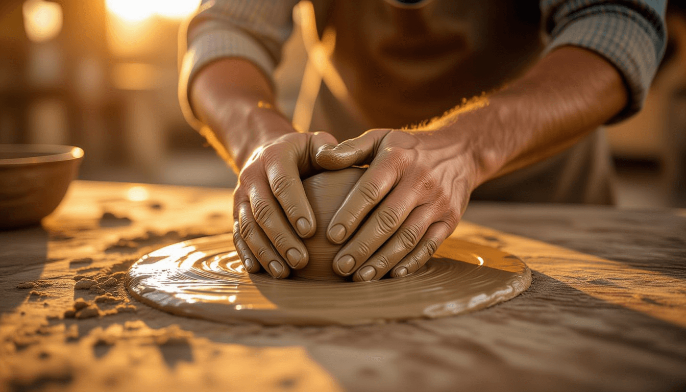 Golden hour light illuminates weathered hands pressing raw clay into form on a rustic wooden table
