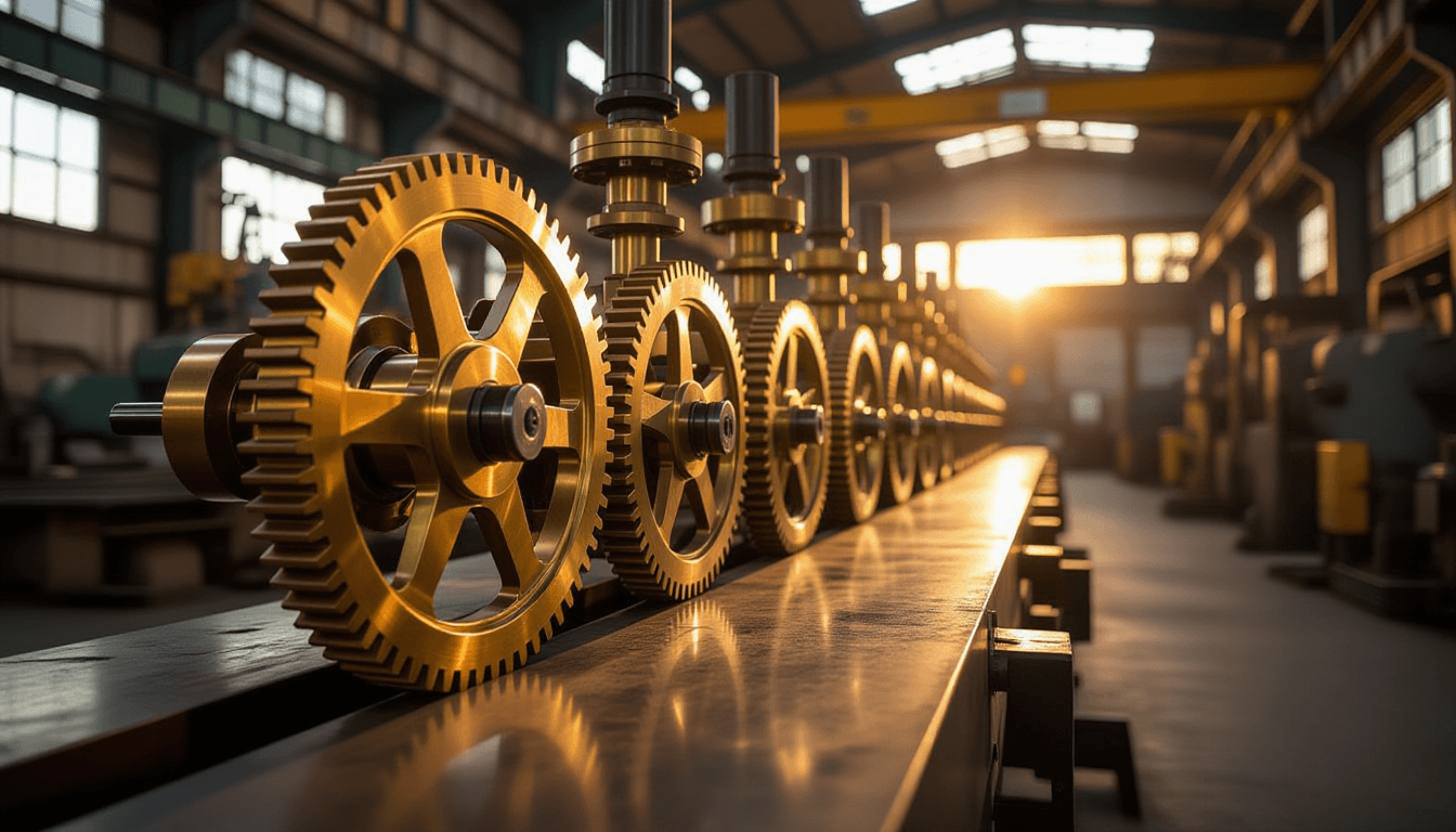 Golden hour light glints off interlocking brass gears and steel pipes in an industrial factory, capt