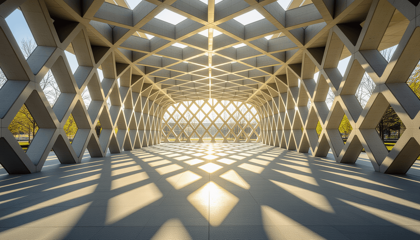 Sunlight filters through the intricate geometric lattice of a modern concrete pavilion, casting shar