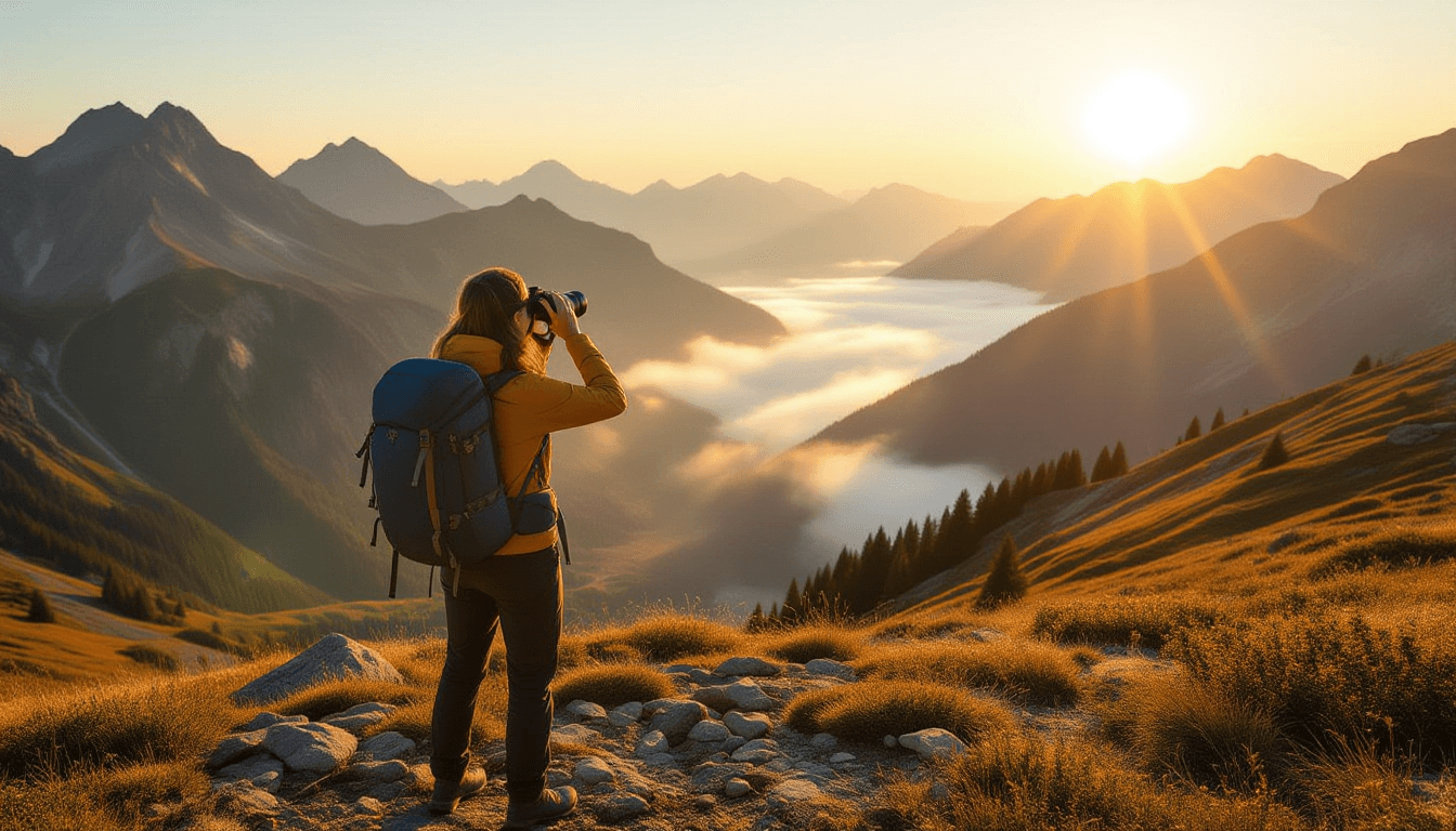 A lone hiker pauses on a sun-drenched mountain pass, binoculars raised to scan a distant, mist-shrou
