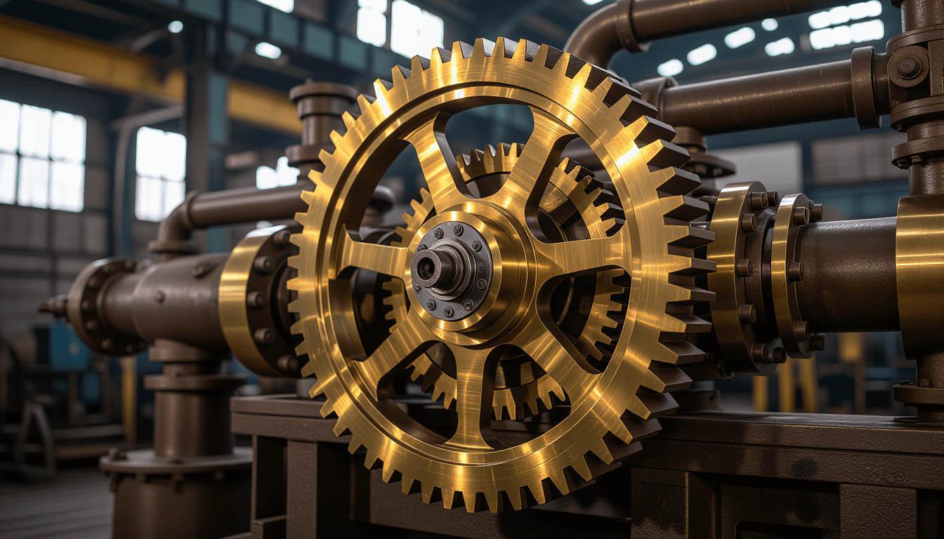 Overcast diffused light washes over a massive, intricate network of interlocking brass gears and ste