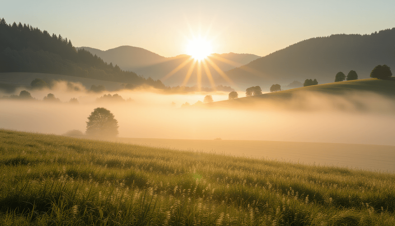 Early morning fog rolls over a misty valley as a sharp beam of sunrise cuts through, illuminating du