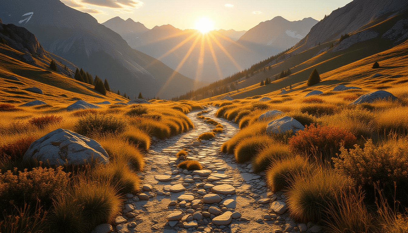 Golden hour light cascades over a rugged mountain valley, highlighting a single clear path that fork