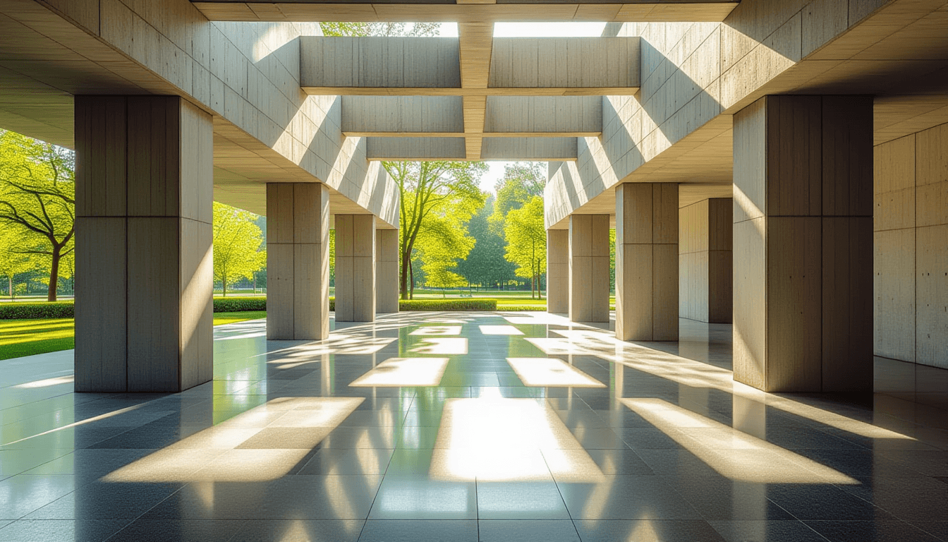 Sunlight streams through the geometric cutouts of a brutalist concrete pavilion, casting sharp, inte